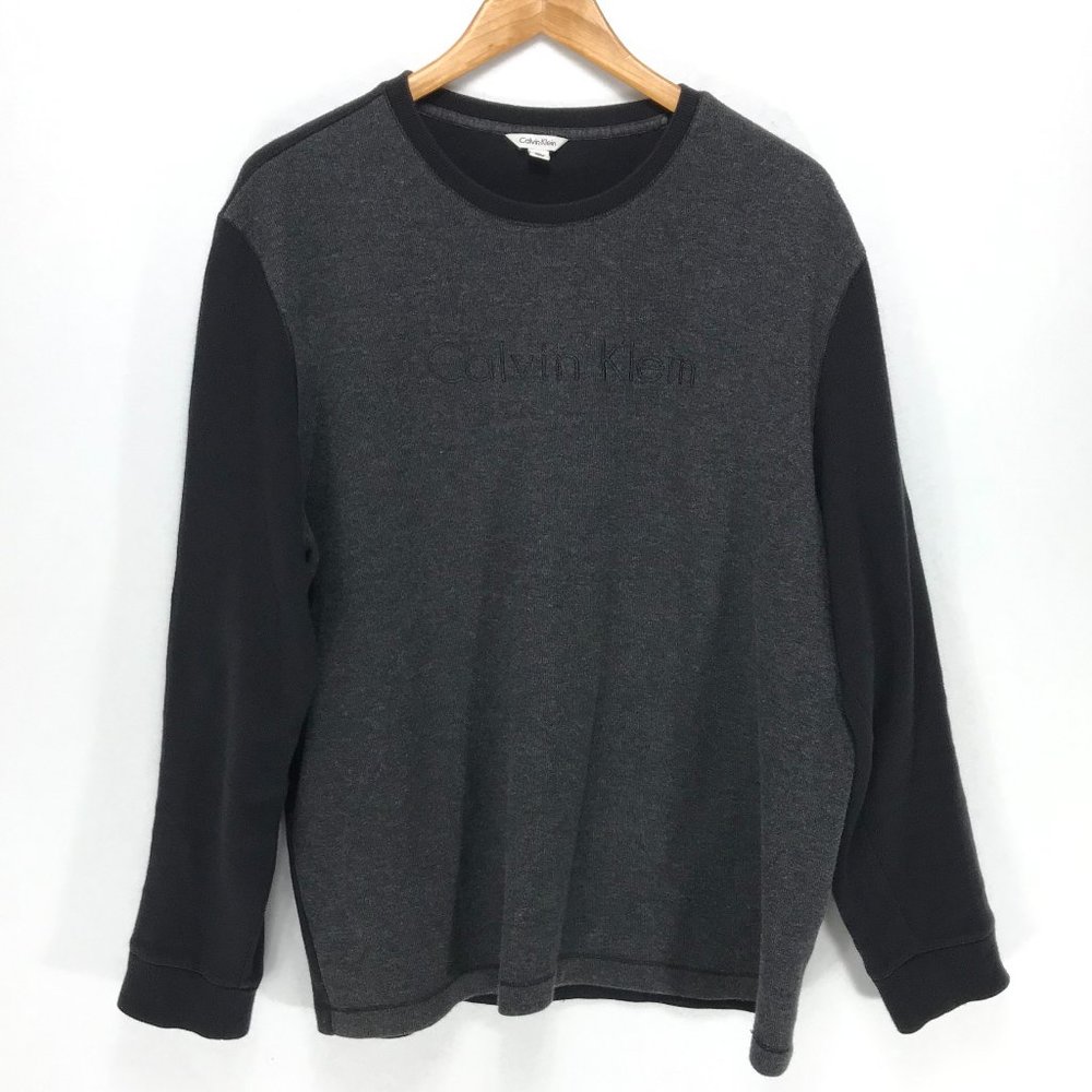 Calvin Klein Sweater Mens XL Black Gray Crew Neck Pullover Logo Long Sleeve